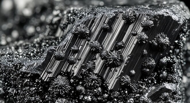 A dark mineral specimen exhibits striated textures and crystalline clusters. Mining macro
