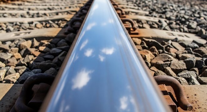 A shiny train track reflects the clouds under bright sky. Mining macro