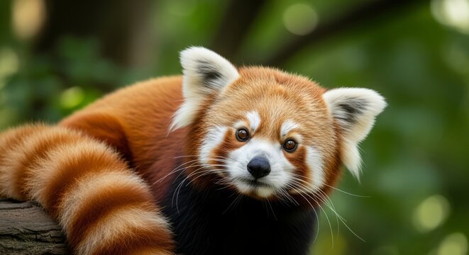Red panda resting on a tree branch in temperate forest, showing reddish fur and bushy ringed tail. A shy arboreal mammal native to the Himalayas and southwestern China.