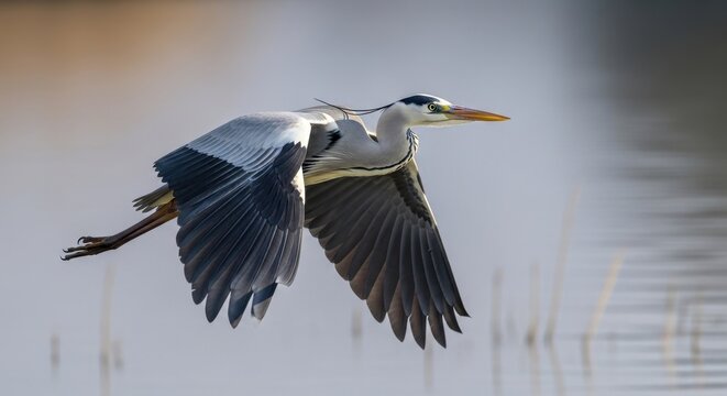 Grey heron in flight over water, wings spread wide.
