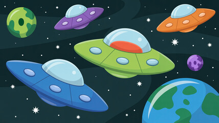Fototapeta premium Colorful and whimsical illustration of various flying saucers and planets in outer space