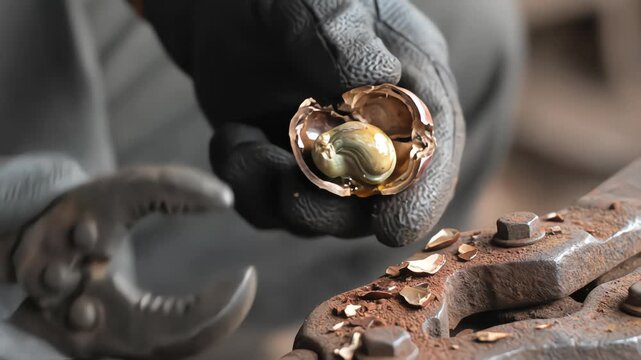 Hands in protective gloves cracking raw cashew nut shell with pliers to extract kernel
