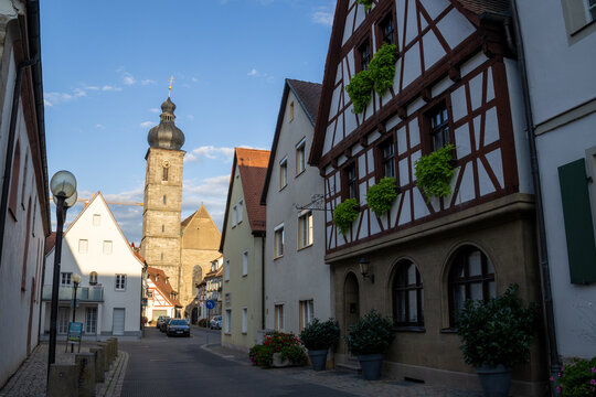 St. Martin Church in Forchheim, Bavaria, Germany, historic Catholic church next to the timber-framed houses (Fachwerkh&auml;user) along the main street, UNESCO-style old town charm.
