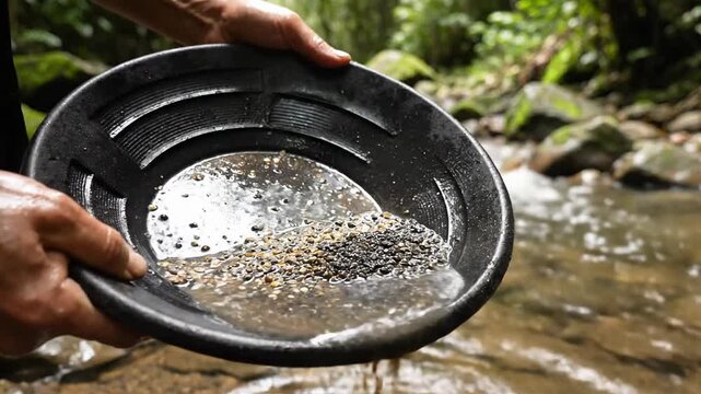 Prospector panning for gold in a lush jungle stream, searching for treasure