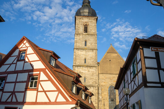 St. Martin Church in Forchheim, Bavaria, Germany, historic Catholic church next to the timber-framed houses (Fachwerkh&auml;user) along the main street, UNESCO-style old town charm.
