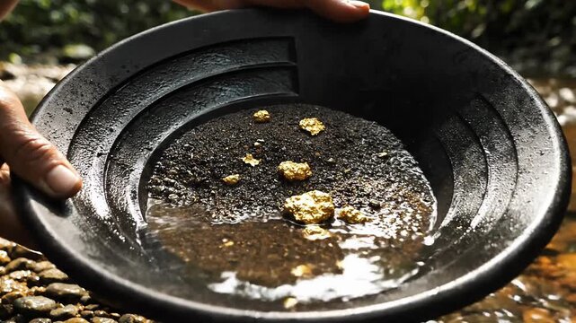 Prospector panning for gold nuggets in a shallow stream, close-up shot