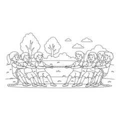 Fototapeta premium Group of happy children playing tug of war in the park coloring page.