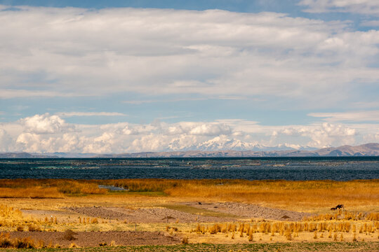 Andean Plains In Desaguadero, Peru, With Lake Titicaca And Snowcapped Mountains Beneath A Dramatic High-Altitude Sky.
