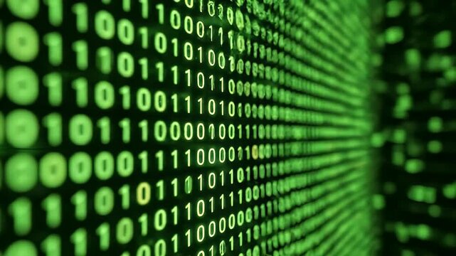 A video showcasing a tunnel of green binary code on a dark background