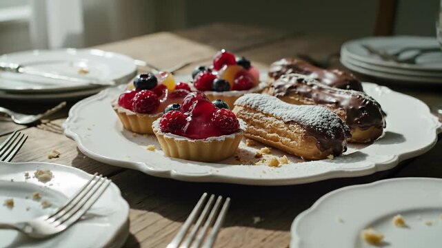 Assorted pastries berry tarts and chocolate eclairs on plate.