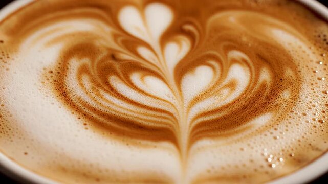 Close up latte art heart pattern in coffee cup.