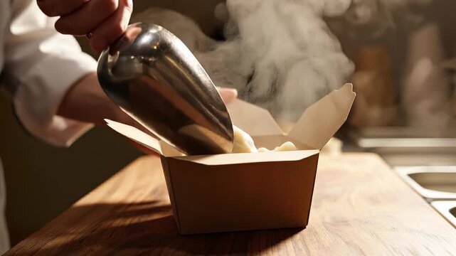 Chef serving steaming hot food into takeout box.