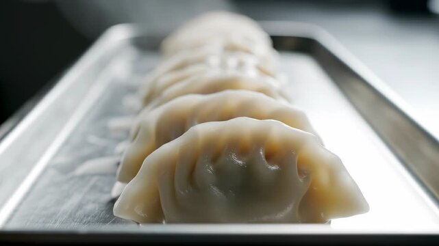 Close up row of steamed dumplings on tray.