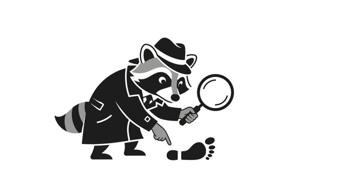 Raccoon Detective Investigating Footprint with Magnifying Glass.
