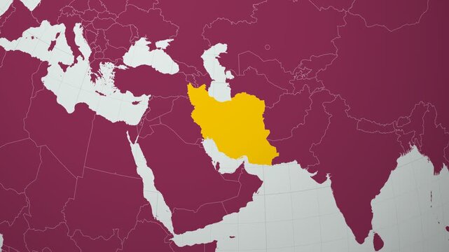 Iran map. Animated zoom into the country on the Globe in Pale Mint Dark Pink color palette. Country logo animation with round text and airplanes. Map with meridians, parallels. Awesome video.
