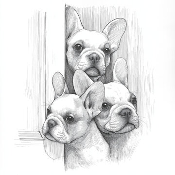 Three curious French bulldog puppies peek out from behind the door, one above the other. Pencil drawing simple bld lines only