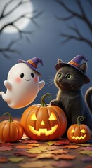 Obraz premium Halloween Night - Ghost, Cat, and Pumpkins Under the Moonlight.