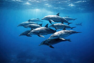 Dolphins Swim in a Group Under Clear Blue Water During the Day, Showcasing Their Natural Behavior and Social Interaction in the Ocean