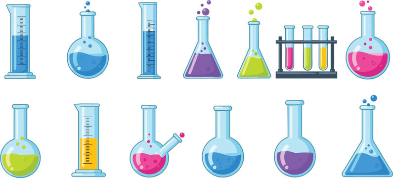 Chemistry laboratory glassware set with colorful liquid flasks test tubes beakers and scientific research equipment for school and science.