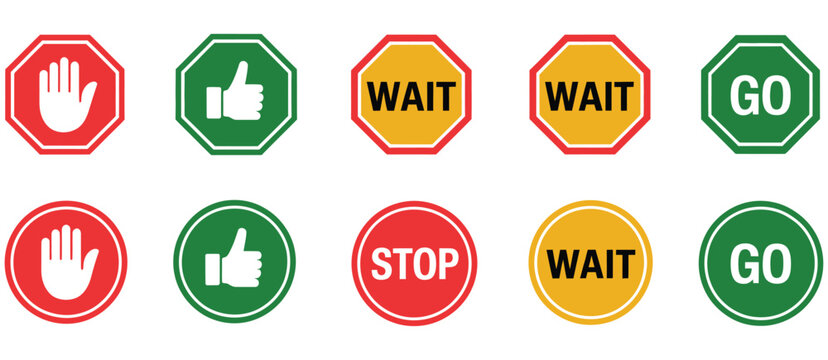 Stop, wait and go traffic sign icon collection, featuring red, yellow and green signal symbols, vector illustrations for traffic control, public safety, road signage, transportation projects