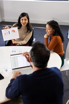 Diverse coworkers discussing chart and laptop spreadsheet around round white table in meeting room