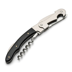 A black handled multi-tool corkscrew opener with a silver metal finish