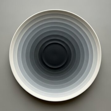 A top-down view of a minimalist white ceramic plate with concentric gray circles on a gray background