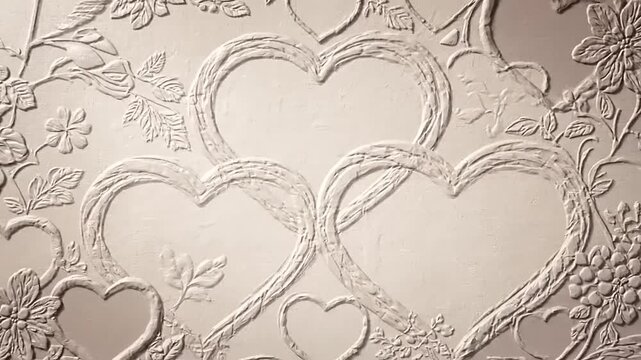 Romantic hearts embossed in paper texture with floral decorations convey love, perfect for elegant invites or greetings, with an organic feel.