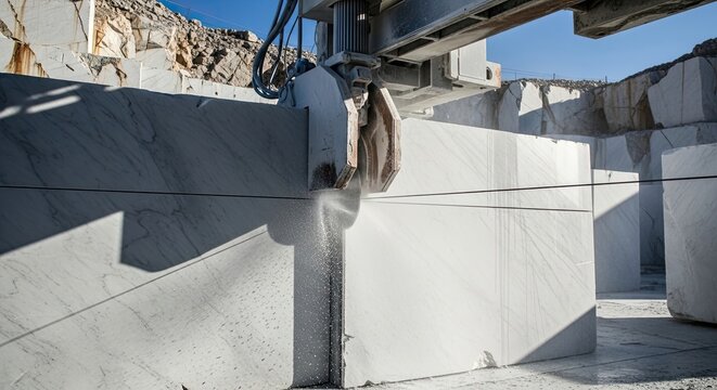 A large industrial saw slices through a massive block of white stone, generating water and dust. Other cut blocks are nearby in an open quarry under a clear sky