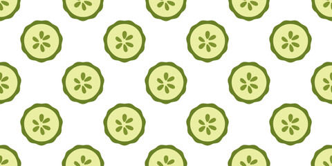 Fototapeta premium Seamless pattern with stylized cucumber slices arranged in a regular grid. The main element is a top view vegetable cross section. The design conveys freshness and a clean healthy food concept.