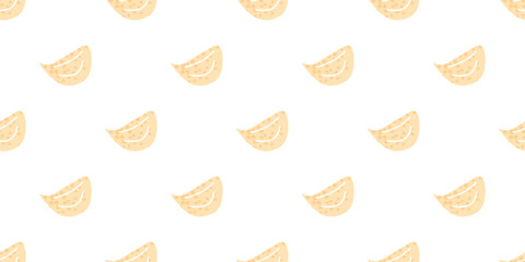 Obraz premium Seamless pattern with stylized garlic cloves arranged in a regular rhythm. The main element is a peeled clove in top view. The design reflects a simple culinary ingredient theme.