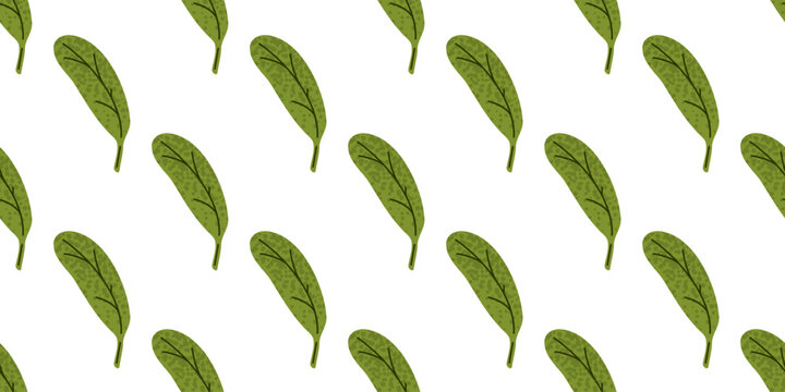 Seamless pattern with stylized green spinach leaves arranged diagonally. The main element is a simple leaf with visible veins. The design conveys freshness and a healthy food theme.