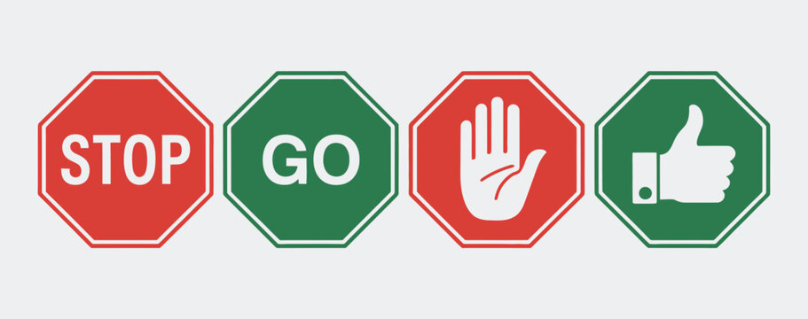 Stop sign and go sign vector illustrations, stop and go icon set, includes red stop and green go symbols, perfect for traffic control, road safety, transportation design