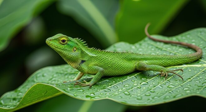 Green Garden Lizard on Leaf in Natural Habitat.