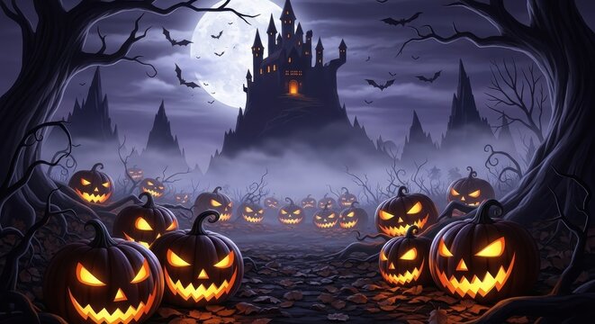 Halloween Night - Spooky Castle and Glowing Pumpkins Landscape.
