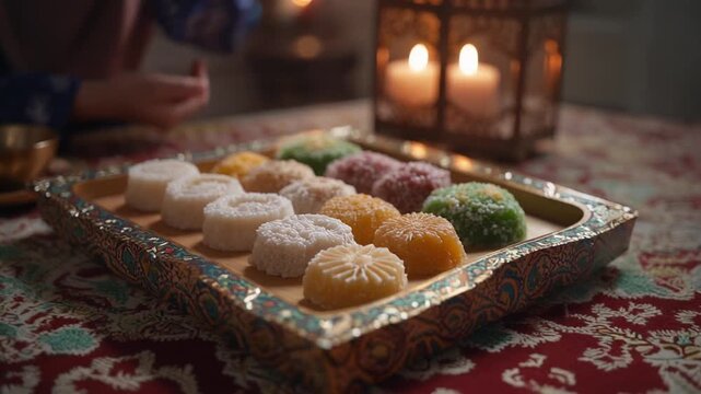 4K cinematic footage of traditional Eid sweets on a decorated wooden tray, soft focus and ambient lighting, no humans, festive Idul Fitri theme, loop-friendly