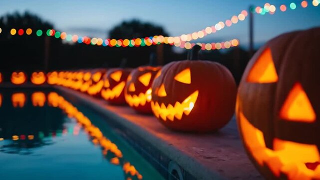 Row of glowing carved pumpkins (Jack-o'-lanterns) placed along the edge of a reflective water body at twilight, with festive string lights in the background.