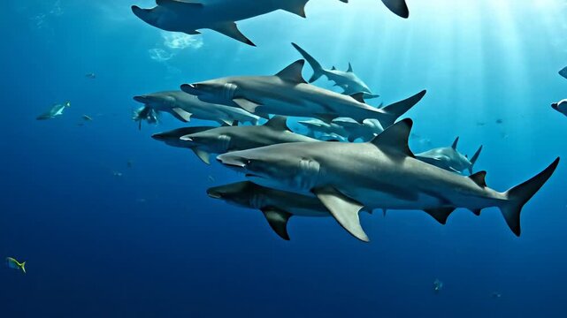 School of Hammerhead Sharks Swimming in Sunlit Blue Ocean Waters