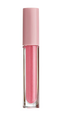 A clear tube of pink lip gloss with a matching pink cap, set against a black backdrop