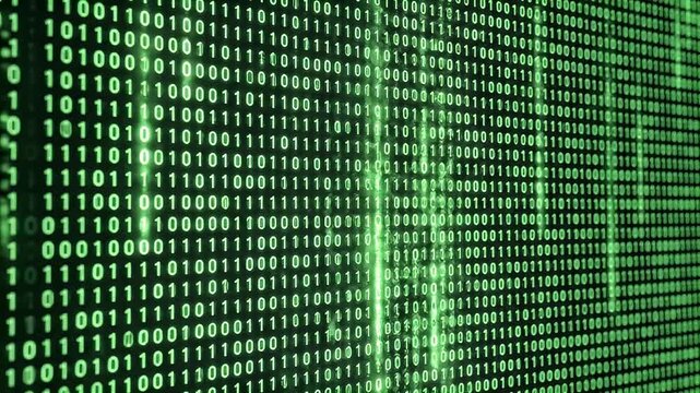 A video showcasing a green screen of binary code scrolling rapidly downwards