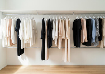 白と黒を基調としたミニマルな衣類が美しく並ぶ整理されたクローゼット