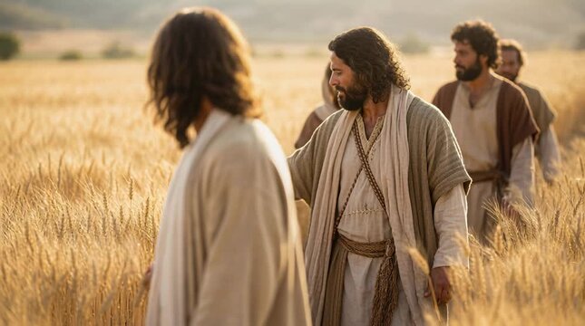 Jesus Walking Through Golden Wheat Fields with His Followers