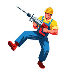 Construction worker with hammer drill, dynamic pose, illustration