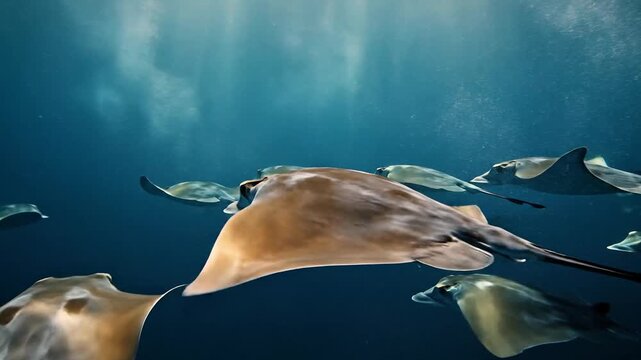 School of Stingrays Gliding Gracefully Through Sunlit Ocean Waters