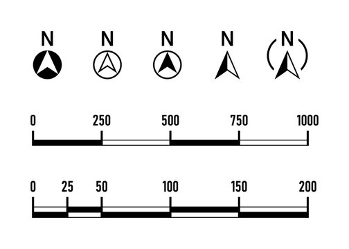 Basic Black Round North Mark Arrow Sign Symbol in Circle and Scale Icon and Linear or Bar Scale Cartography Set for Map or Site Plan Orientation. Vector Image.