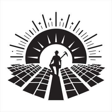 Solar Panel Field with Technician vector silhouette  outline logo design concept illustration
