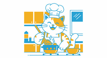 Cartoon Cat Wearing Chef Hat and Apron.