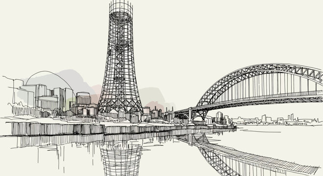 Newcastle cityscape sketch with Tyne Bridge and modern tower