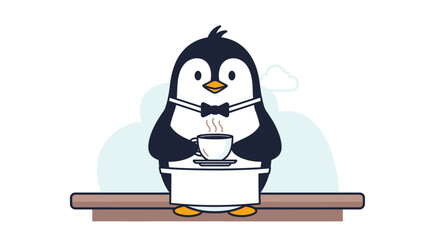 Penguin Eating Noodles from a Bowl. © Choirul