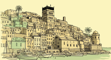coastal town illustration, buildings on a hill, harbor view